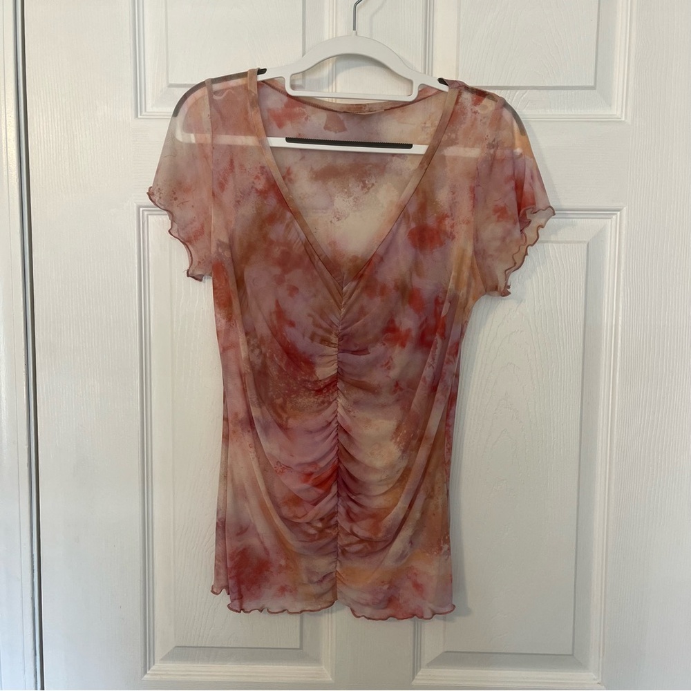Willow & Root Sheer Ruched Women's Top Pink and Cream Tie-Dye (M)